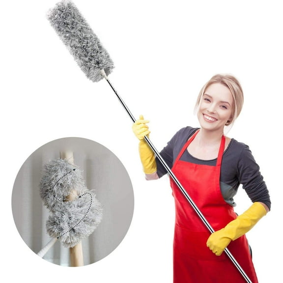 Webster Cobweb Duster, Feather Duster for Home, Extendable Dusters for Cleaning High Ceiling Fans, Hand Wall Duster, Long and Washable Dust Brush Gray