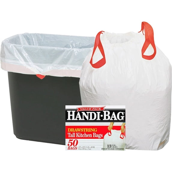 Webster Handi-Bag Drawstring Tall Kitchen Bags - Small Size - 13 gal - 24" Width x 27.38" Length - 0.60 mil (15 Micron) Thickness - White - Resin - 50/Box | Bundle of 5 Boxes
