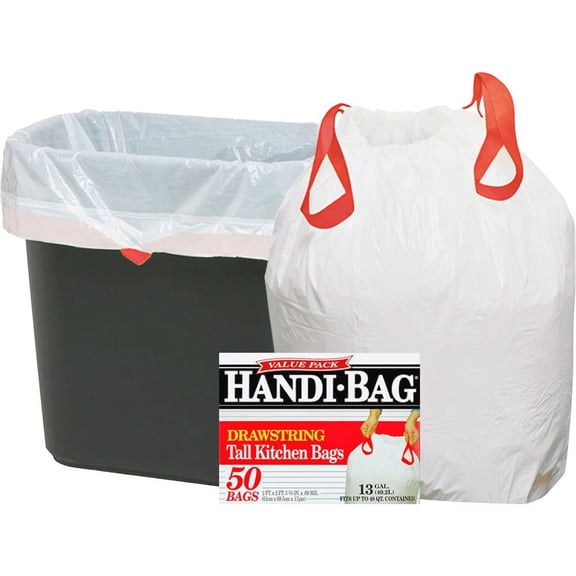 Webster Handi-Bag Drawstring Tall Kitchen Bags - Small Size - 13 gal - 24" Width x 27.38" Length - 0.60 mil (15 Micron) Thickness - White - Resin - 50 | Bundle of 2 Boxes