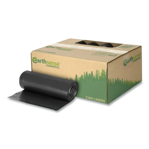 Earthsense Commercial Linear Low Density Recycled Can Liners, 60 gal, 1.25 mil, 38" x 58", Black, 100 Bags/Carton