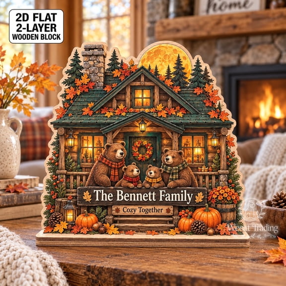 Wecat Trading Layered Wooden Block Bear Cabin Fall Decor