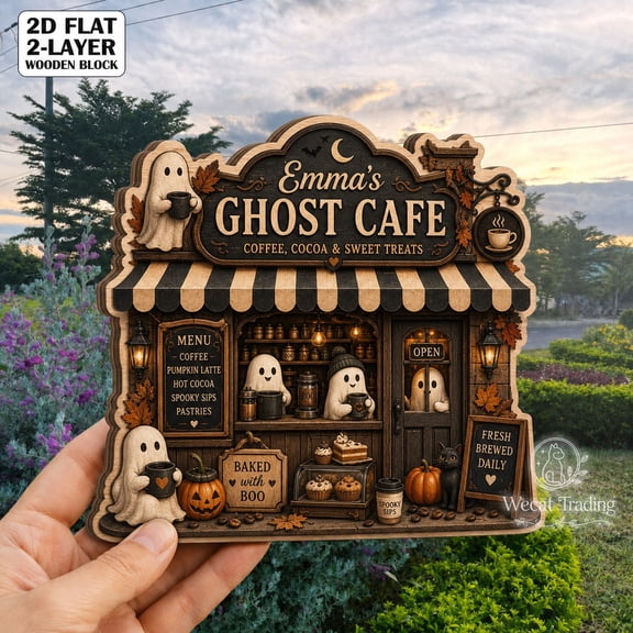 Wecat Trading Layered Wooden Block Ghost Cafe Halloween Decor