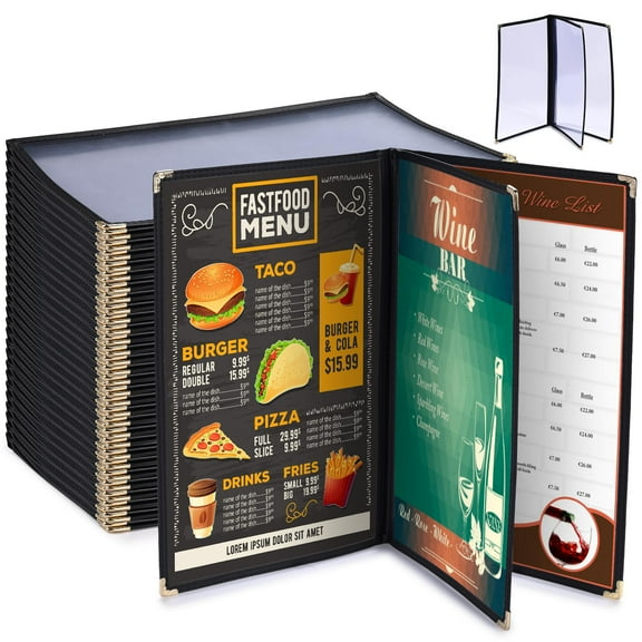 WeChef 30 pack 8.5"x14" Restaurant Menu Book Covers 3 Page 6 View Book Style for Cafe Hotel Bar Black