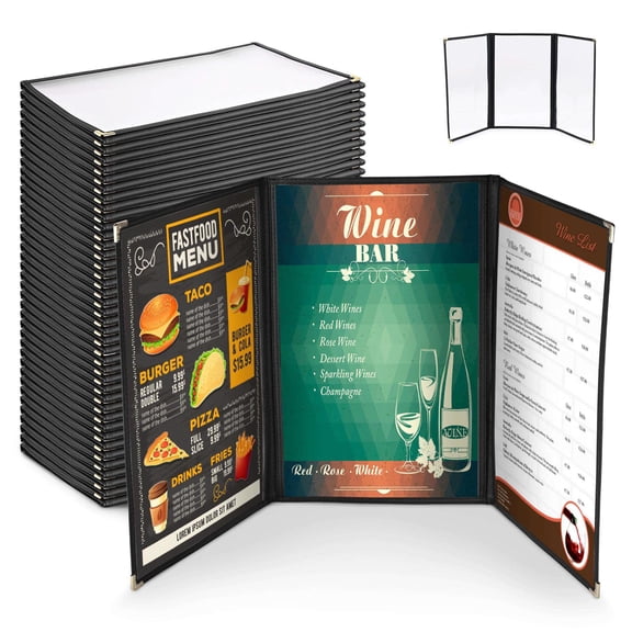 Wechef 30 pack Triple Fold Menu Covers 8.5"x14" Protective Double Stitch View Black Restaurant Cafe