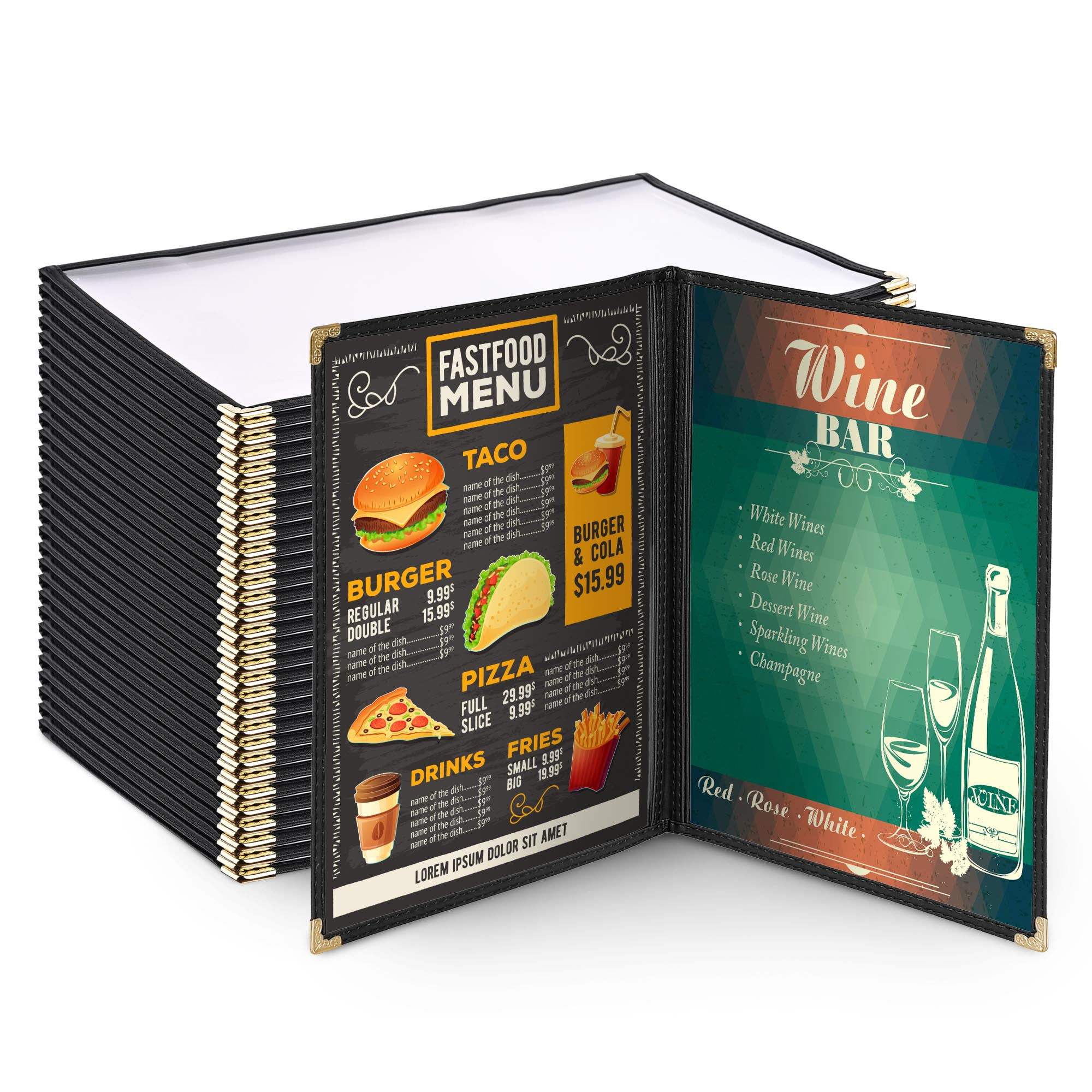 Walmart Deal of Free Shipping! Wechef 30pcs 2 Pages 4 View Double Stitched Fold 8.5x14" Menu Cover Deli Food Cafe Black Clear Book - Walmart.com