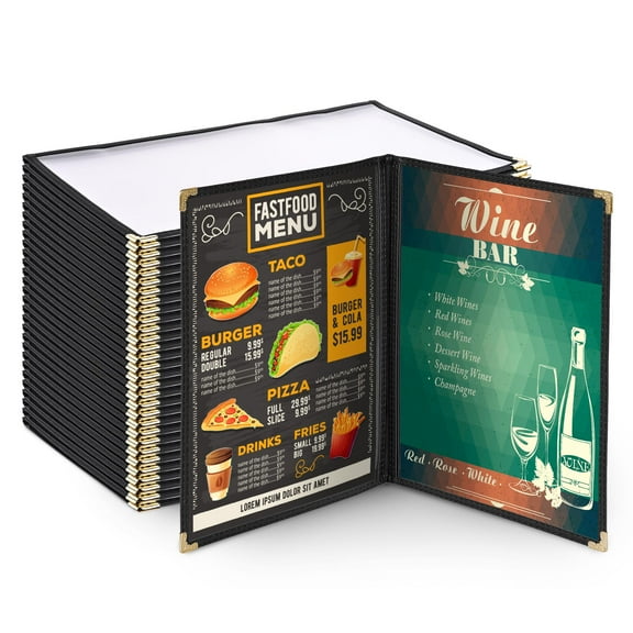 Wechef 30pcs 8.5x14" Menu Cover 2 Page 4 View Double Stitched Fold Deli Food Cafe Black Clear Book