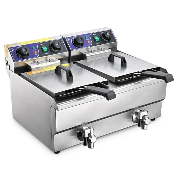 WeChef Commercial Electric Deep Fryer 23.4L 2 Tanks Fryer with Timer and Drain Stainless Steel French Fry Wings