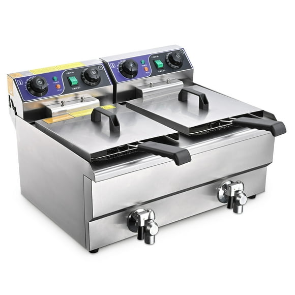 WeChef Commercial Electric Deep Fryer 23.4L 2 Tanks Fryer with Timer and Drain Stainless Steel French Fry Wings