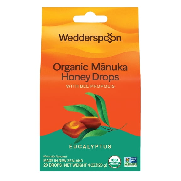 Wedderspoon Organic Manuka Honey Drops for Dry Throats, Eucalyptus & Bee Propolis, 20 Count