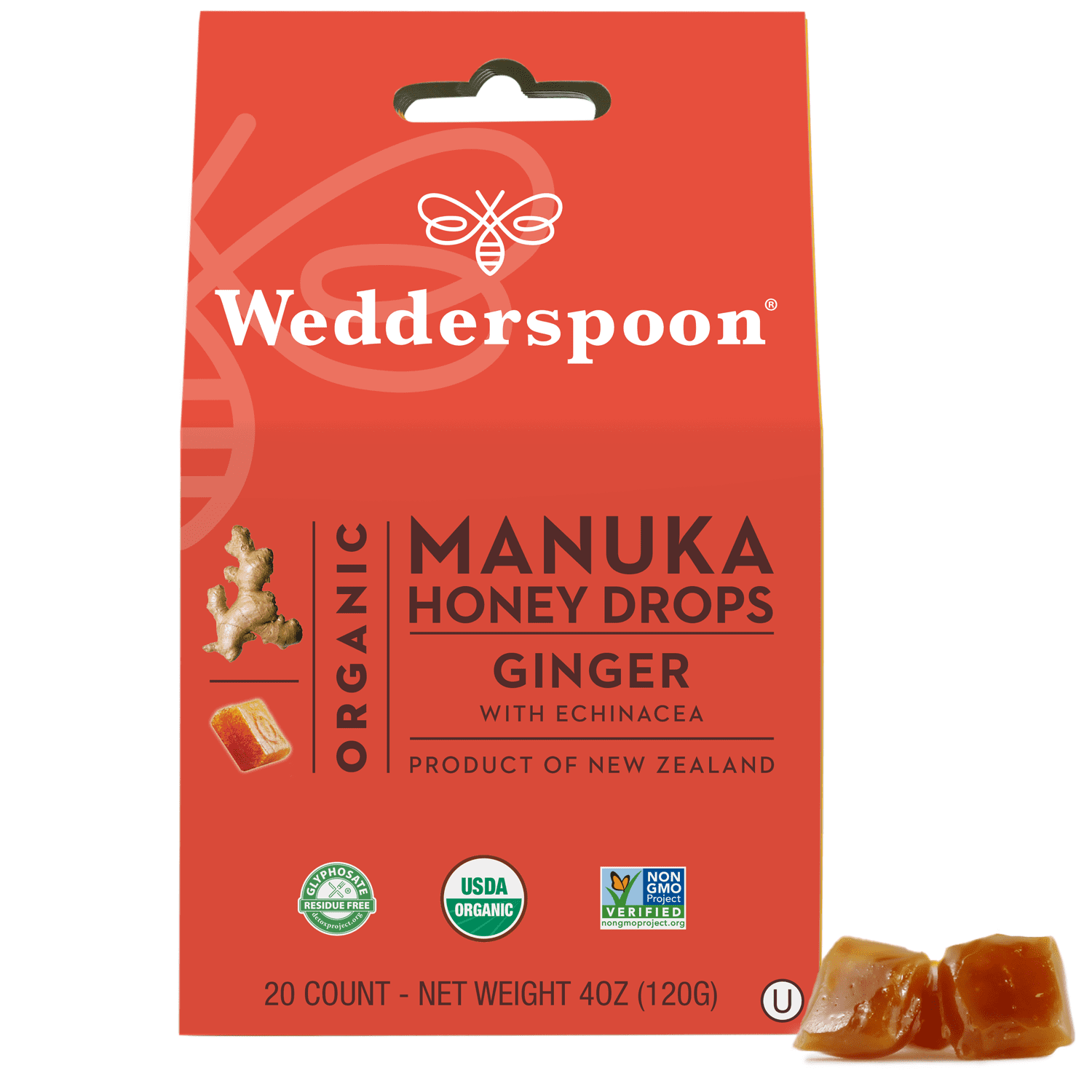 Wedderspoon Organic Manuka Honey Drops Ginger, 20 Count