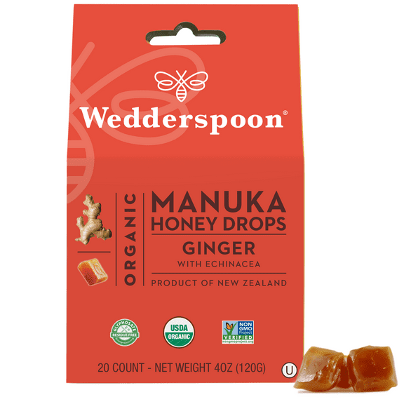Wedderspoon Organic Manuka Honey Drops Ginger, 20 Count