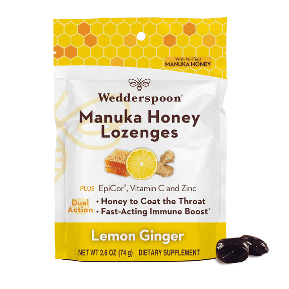Wedderspoon Manuka Honey Immunity Lozenges Plus Epicor Zinc Vitamin C, Lemon Ginger, 18 Count