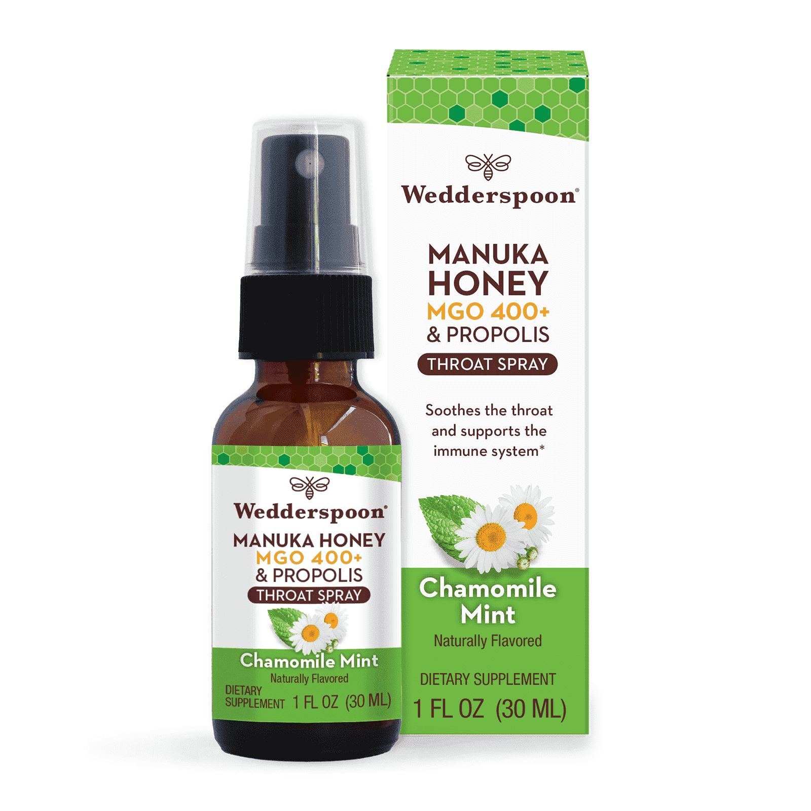 Wedderspoon Manuka Honey & Propolis Throat Spray, Chamomile Mint, MGO 400+, 1 fl oz (30 ml)