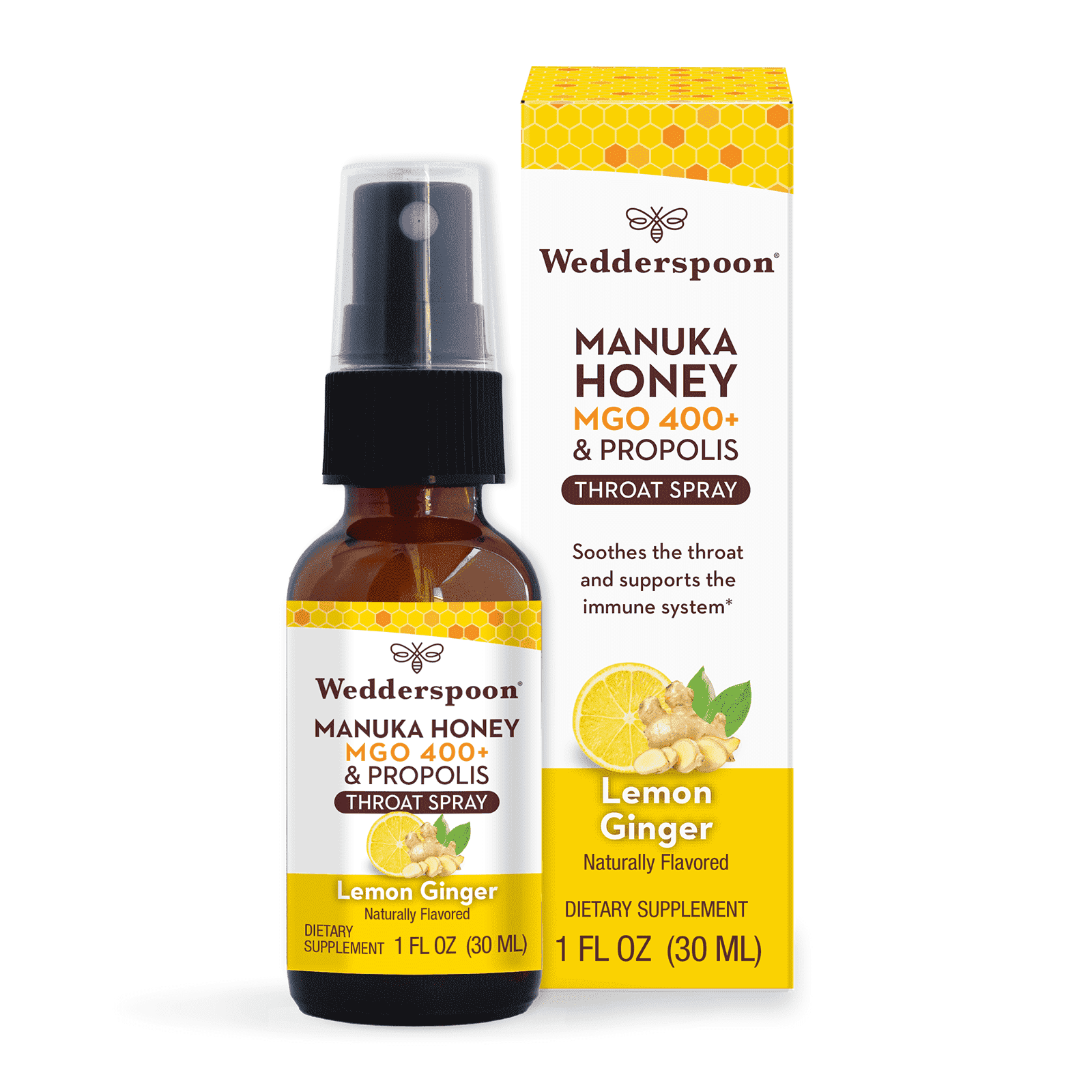 Wedderspoon Manuka Honey & Propolis Throat Spray, Lemon Ginger, MGO 400+, 1 fl oz (30 ml)