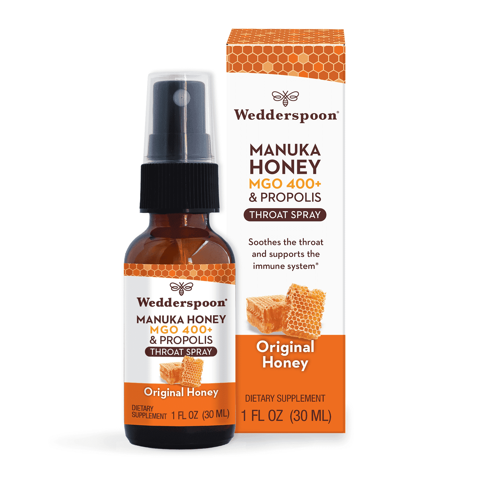 Wedderspoon Manuka Honey & Propolis Throat Spray, Original Honey, MGO 400+, 1 fl oz (30 ml)