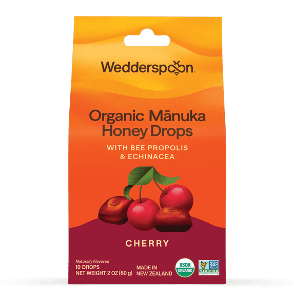 Wedderspoon Organic Manuka Honey Drops for Dry Throats with Bee Propolis & Echinacea, Cherry, 10 Count