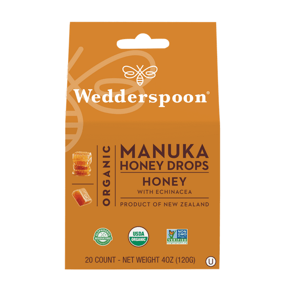 Wedderspoon Organic Manuka Honey Drops, Honey with Echinacea, 20 CT - Soothing Throat Drops