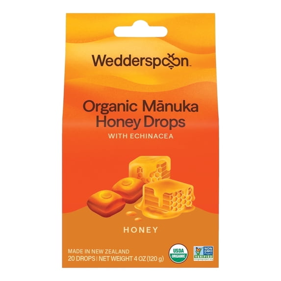 Wedderspoon Organic Manuka Honey Drops for Dry Throats, Honey & Echinacea, 20 Count