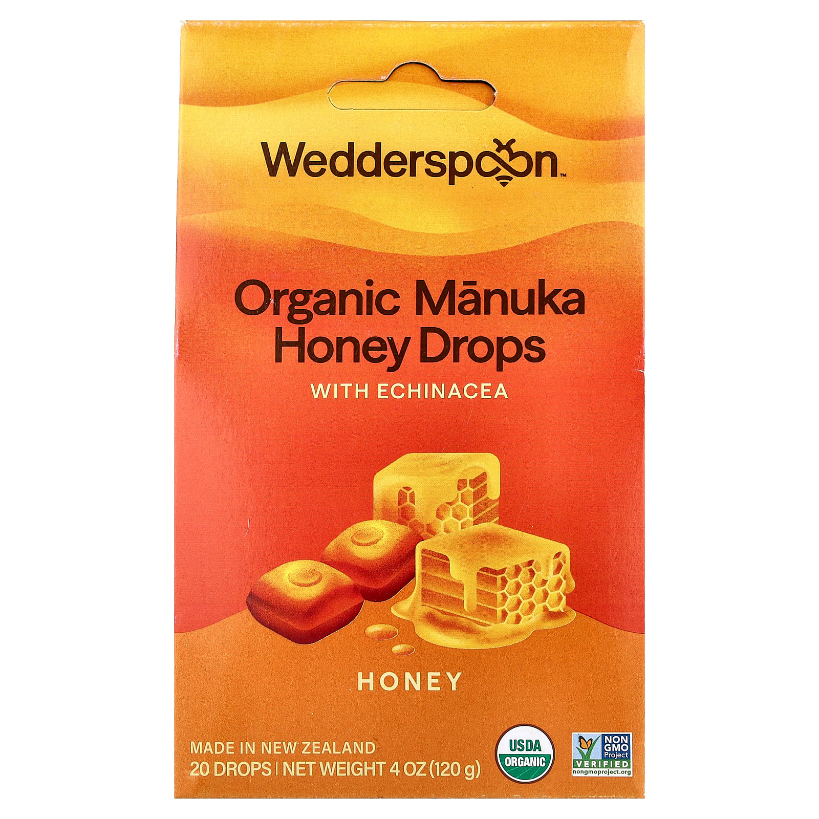Wedderspoon Organic Manuka Honey Drops for Dry Throats with Echinacea, Honey, 20 Count Box