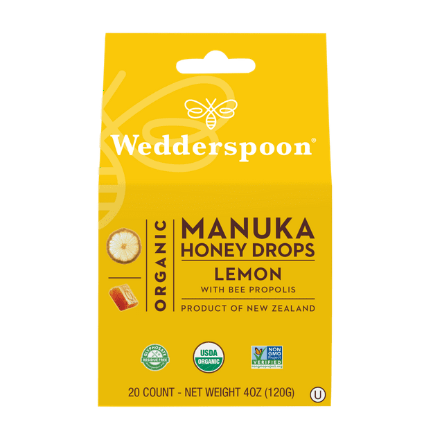 Wedderspoon Organic Manuka Honey Drops, Lemon with Bee Propolis, 20 CT Soothing Throat Drops