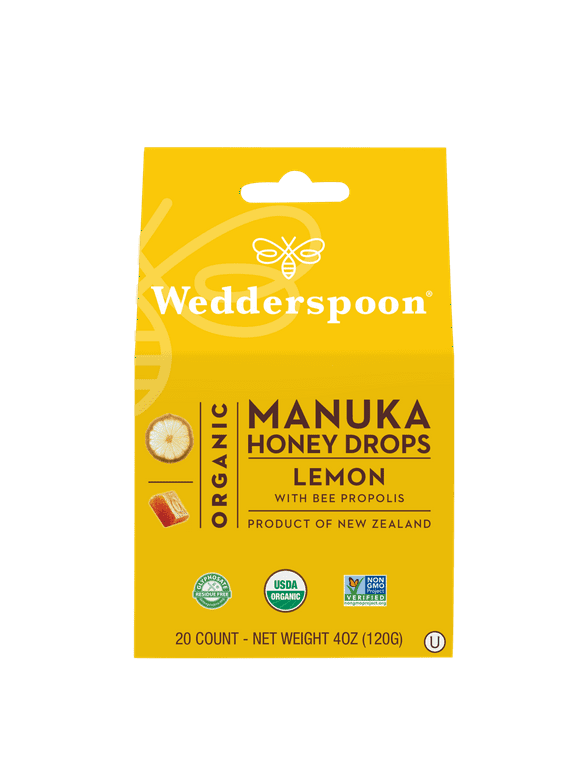 Wedderspoon Organic Manuka Honey Drops, Lemon with Bee Propolis, 20 CT - Soothing Throat Drops with Immunity Support