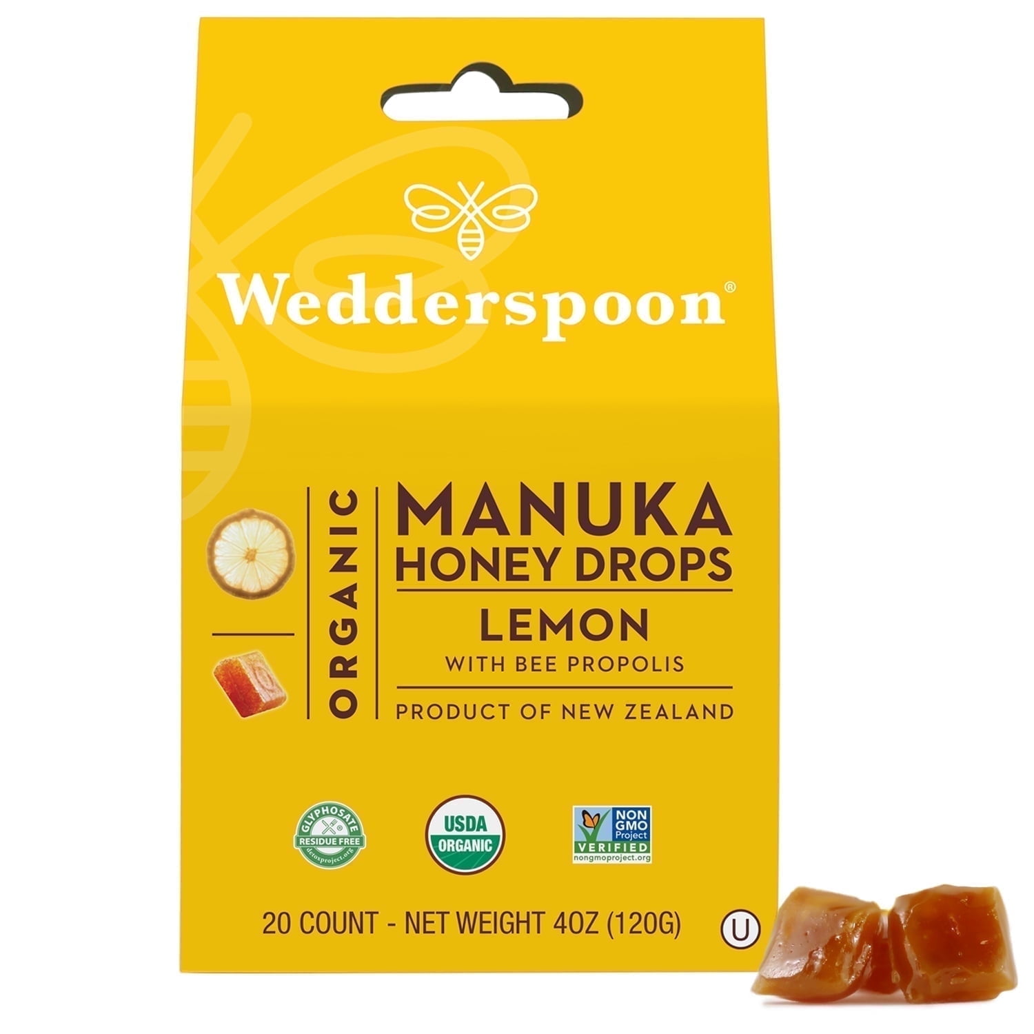 Wedderspoon Organic Manuka Honey Drops Lemon, 20 Count