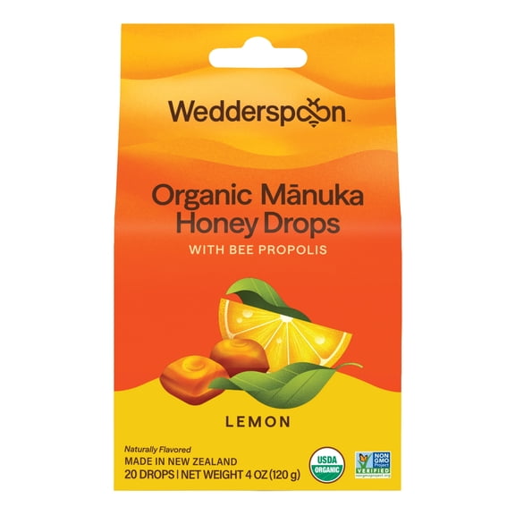 Wedderspoon Organic Manuka Honey Drops Lemon, 20 Count