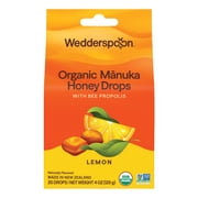 Wedderspoon Organic Manuka Honey Drops for Dry Throats with Bee Propolis, Lemon, 20 Count Box