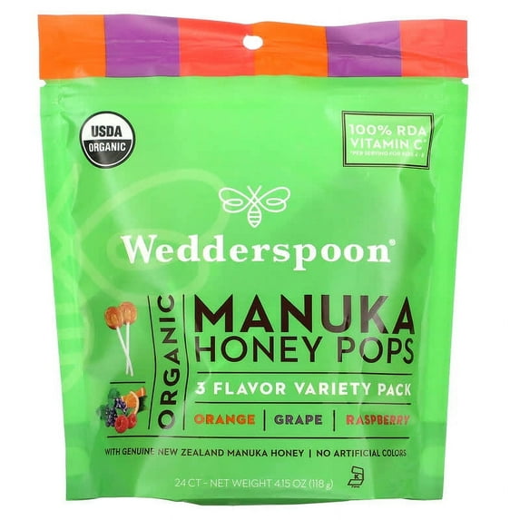 Wedderspoon, Organic Manuka Honey Pops, 3 Flavor Variety Pack, 24 Count, 4.15 oz Pack of 2
