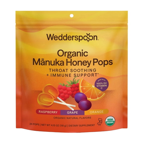 Wedderspoon Organic Manuka Honey Lollipops with Vitamin C, Variety Pack, 24 Count Bag