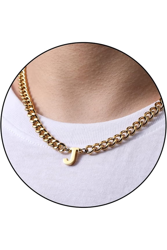 Initial A-Z Gold Cuban Link Chain Necklace for Men Women Letter Pendant Stainless Steel 6.5mm 18+2 Inches Jewelry Gift