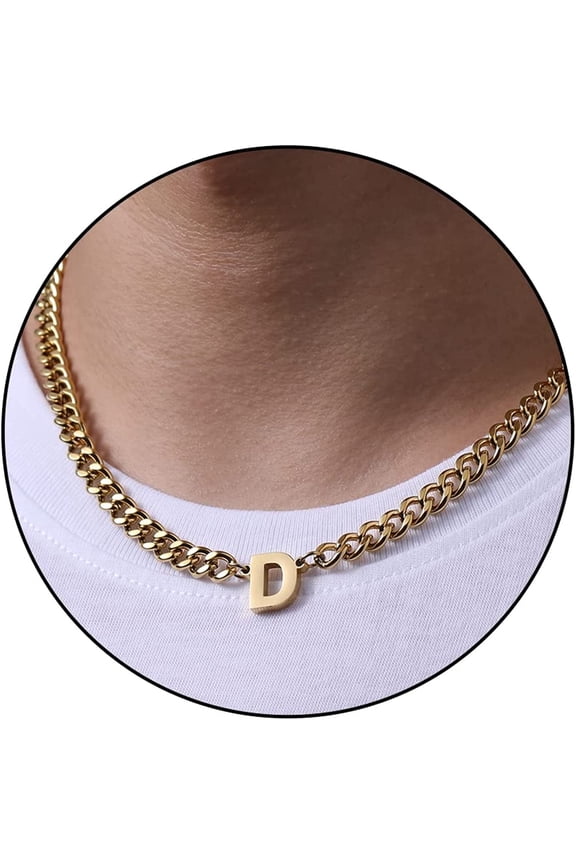 Initial A-Z Gold Cuban Link Chain Necklace for Men Women Letter Pendant Stainless Steel 6.5mm 18+2 Inches Jewelry Gift