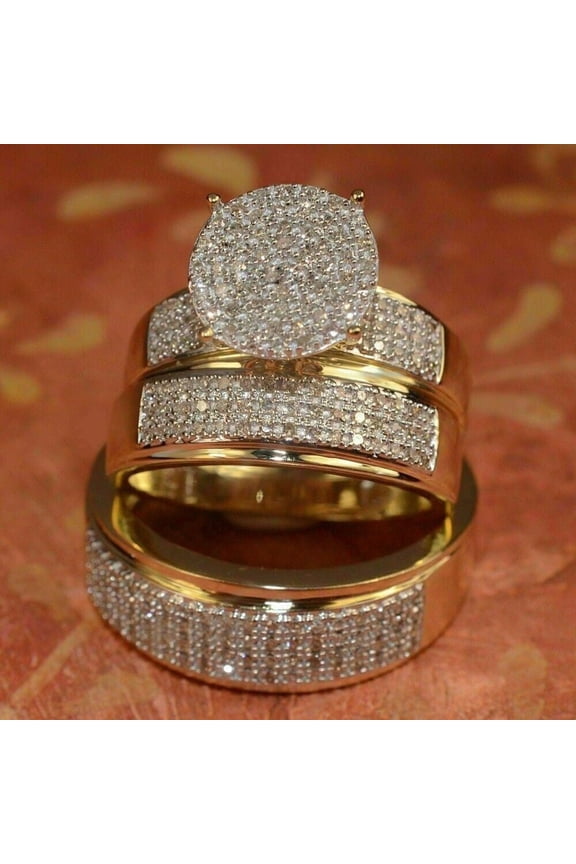 Wedding 14K Yellow Gold Finish Trio His And Her Bridal Band Engagement Ring Set, Bridal Band Engagement Ring Set