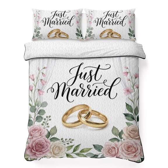 Wedding 3 Piece Quilt Bedding Set with 2 Pillow Shams, Just Married Rings Roses Formal Romantic Lightweight Bedspread Coverlet, Soft Breathable All Season Quilt, 79 x 90 Inch