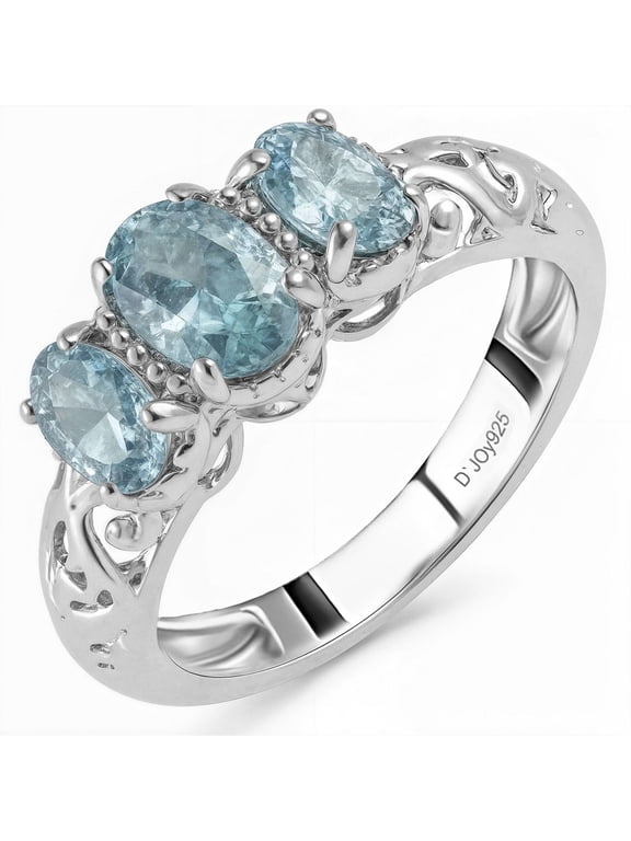 3-Stone Aquamarine Ring for Women Size 10 Silver Platinum Plated