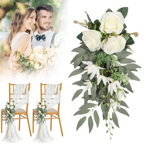 Wedding Aisle Chair Decoration, Rose Flowers with Leaves and Ribbons for Church Chair Back, 1 Piece