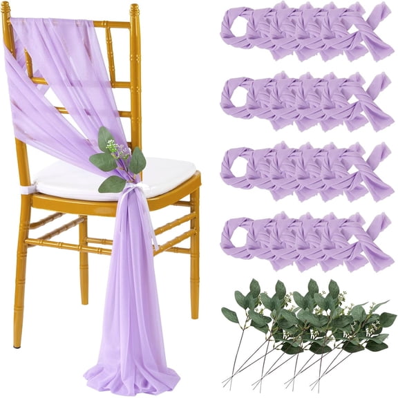 Wedding Aisle Chair Sashes Decorations 36 Pieces Light Purple Soft Chair Sashes Tulle Chairs Covers with Artificial Eucalyptus
