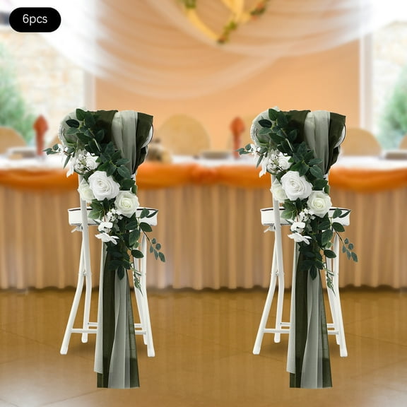 Wedding Aisle Decorations, 6 PCs Wedding Chair Decoration with Ribbon Bows & Forest Green Draping Fabrics 3-in-1 Set Artificial Flowers Decor for Wedding Ceremony Birthday Party Festival