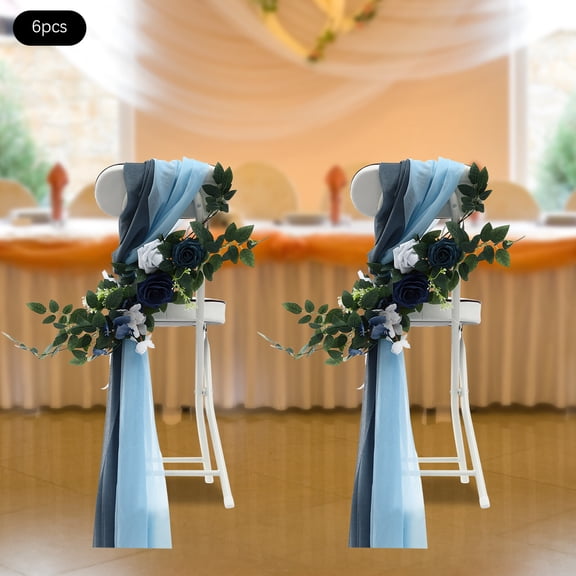 Wedding Aisle Decorations Flowers for Wedding Ceremony, Set of 6 Pew Decoration Flowers for Church Chair Bench Sashes Decorations Party Decor with Artificial Roses Flowers and Ribbons Blue
