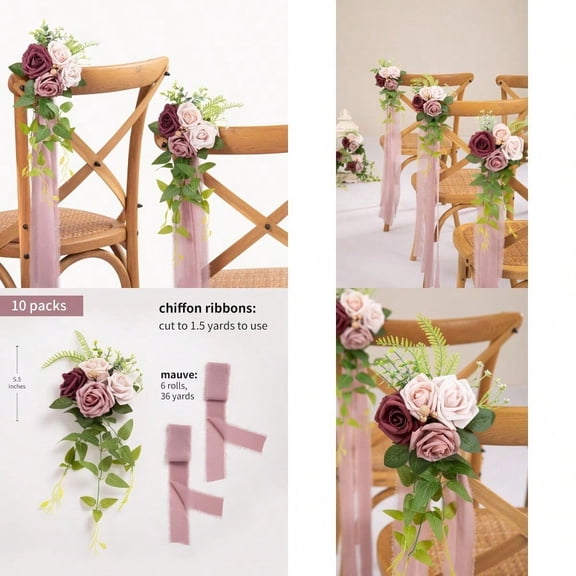 Wedding Aisle Decorations Mauve Pew Flowers Set of 10 for Wedding Ceremony Party Chair Decor with Artificial Flowers Eucalyptus and Ribbons