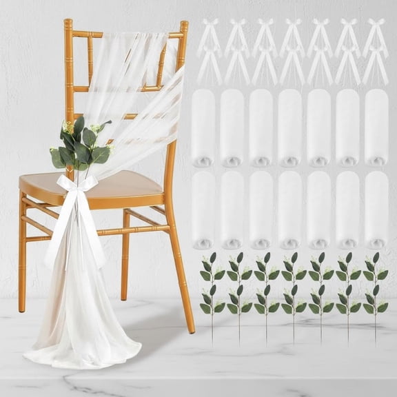Wedding Aisle Decorations Set, Chair Decorations White Ribbon Bows Artificial Eucalyptus Stem Chair Sashes for Weddings Party Bench Church Pew Aisle Decor (Elegant White)