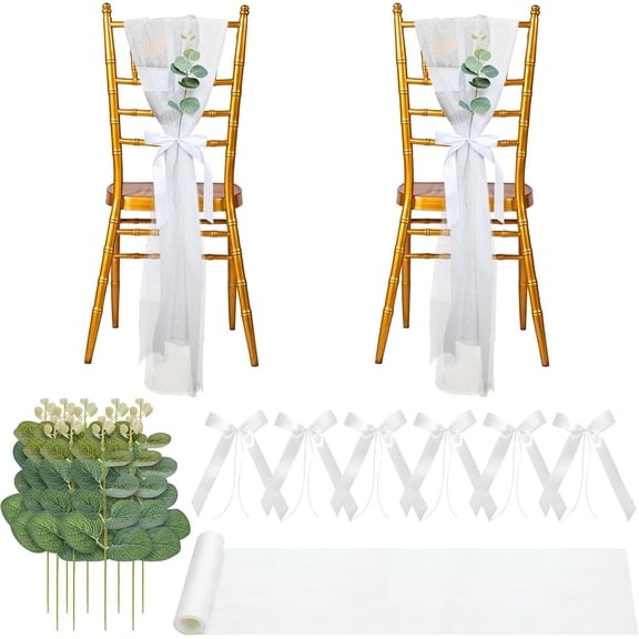 Wedding Aisle Decorations, White Tulle Chair Sashes with Bow Ribbons and Artificial Eucalyptus Stems for Church Pews, Wedding Ceremony Chair Decor
