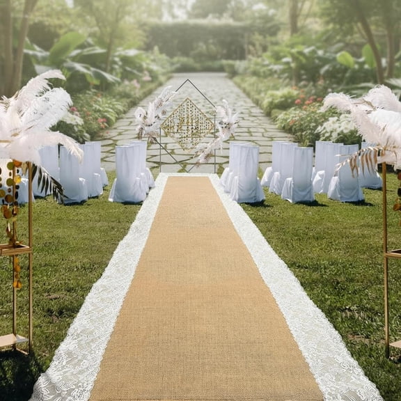 Wedding Aisle Runner Outdoor Natural Burlap Wide Rustic Jute Carpet Rug with Lace for Ceremony Decorations