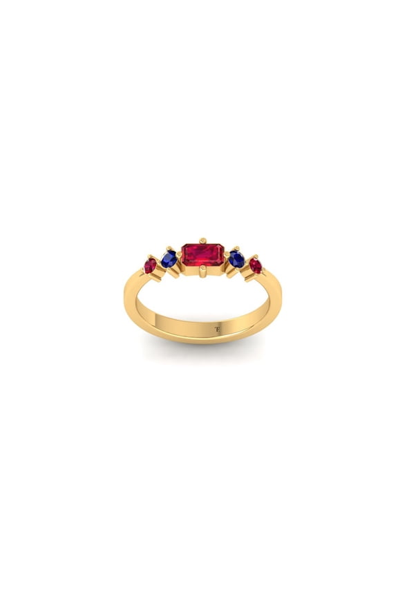 Wedding Anniversary Band for Women, Emerald Cut Red Ruby and Blue Sapphire, 14K Yellow Gold Plated