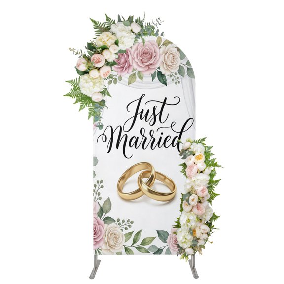 Wedding Arch Backdrop Cover 4 FT, Just Married Rings Roses Formal Romantic Wedding Arch Cover Stretchy Backdrop Stands Covers for Birthday Party Ceremony Banquet Decor