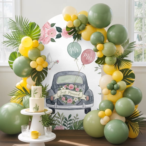 Wedding Arch Backdrop Cover 5 FT, Honeymoon Travel Vintage Car Balloons Dove Flowers Wedding Arch Cover Stretchy Backdrop Stands Covers for Birthday Party Ceremony Banquet Decor