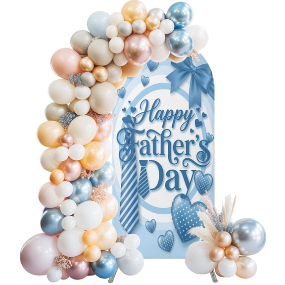 Wedding Arch Cover 4 FT, Happy Father‘s Day Stretch Chiara Backdrop Cover for Round Top Arch Stand, Blue Fantasy Love Heart Necktie Bows Reusable Party Decoration for Wedding Baby Shower Birthday
