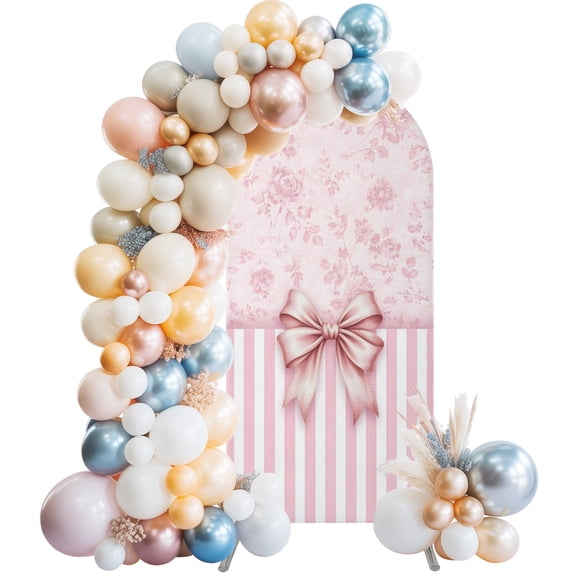 Wedding Arch Cover 4 FT, Pink Bow Stretch Chiara Backdrop Cover for Round Top Arch Stand, Farmhouse Roses Floral Stripes Rustic Modern Reusable Party Decoration for Wedding Baby Shower Birthday