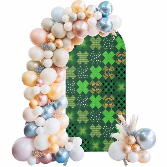 Wedding Arch Cover 4 FT, Saint Patrick's Day Stretch Chiara Backdrop Cover for Round Top Arch Stand, Country Green Plaid Shamrock Clovers Reusable Party Decoration for Wedding Baby Shower Birthday