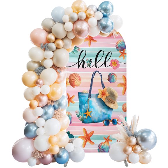 Wedding Arch Cover 4 FT, Summer Beach Stretch Chiara Backdrop Cover for Round Top Arch Stand, Ocean Shells Starfish Bag Stripe Rainbow Reusable Party Decoration for Wedding Baby Shower Birthday